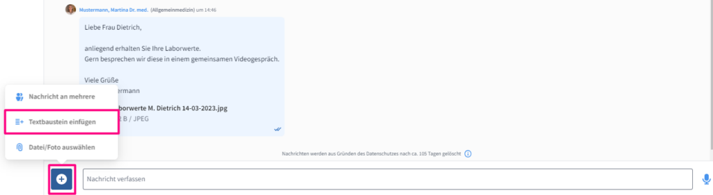 Screenshot medflex "Textbaustein einfügen" im Chat