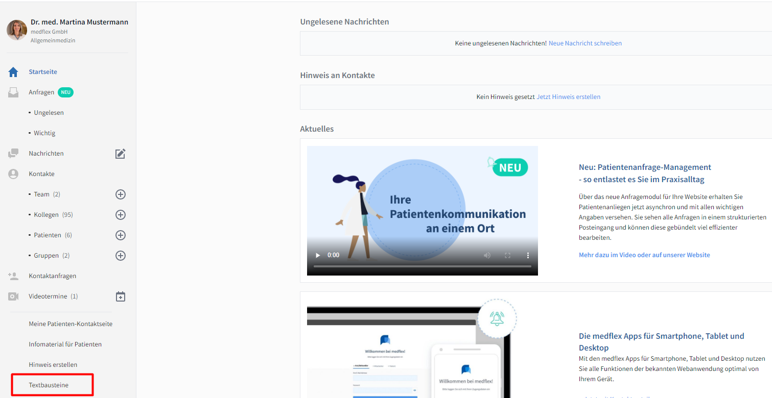 Screenshot medflex Textbausteine im Seitenmenü zu finden