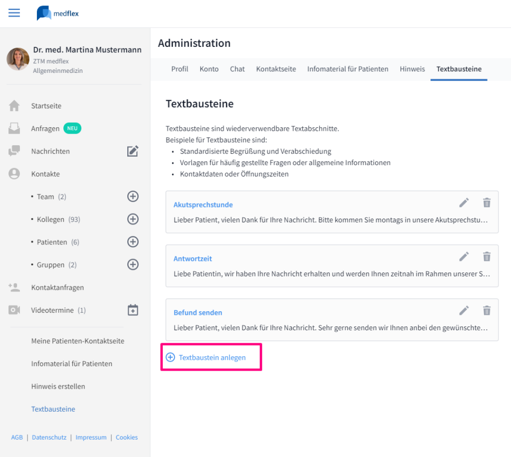 Screenshot medflex Textbaustein aus der Administrationsansicht heraus anlegen