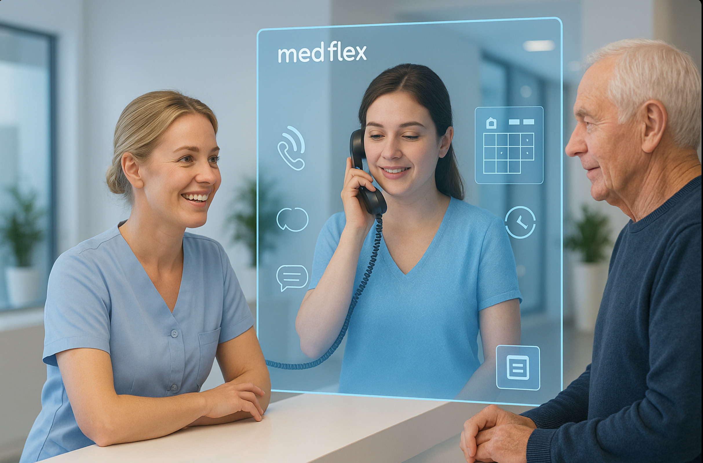 alt="Praxismitarbeiterin telefoniert mit Headset; auf dem Monitor läuft der medflex-Chat – KI-gestützte Patientenkommunikation"