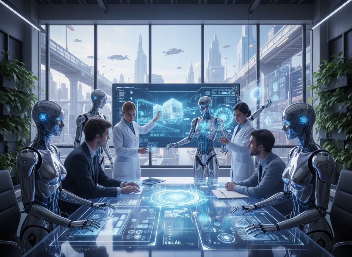 Firefly_Mensch und KI Agenten in der Zusammenarbeit.