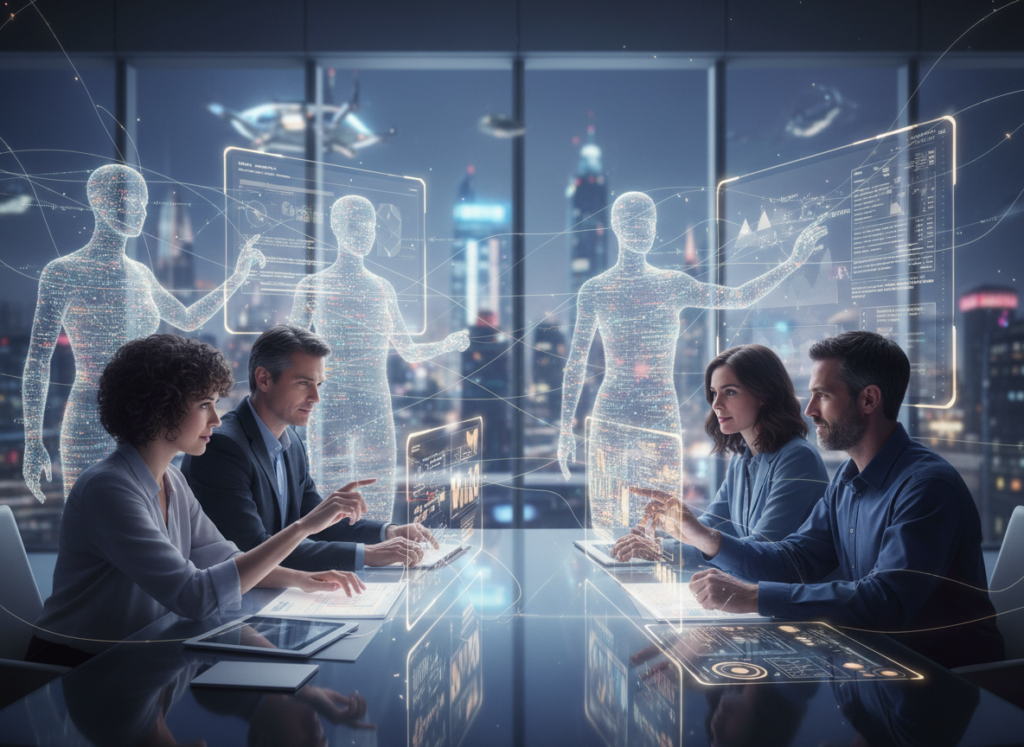 Mensch und KI Agenten in der Zusammenarbeit.