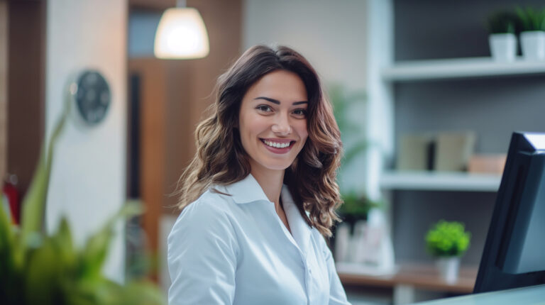 Reception desk area, emphasizing its cleanliness and professionalism, Smiling receptionist greeting patients