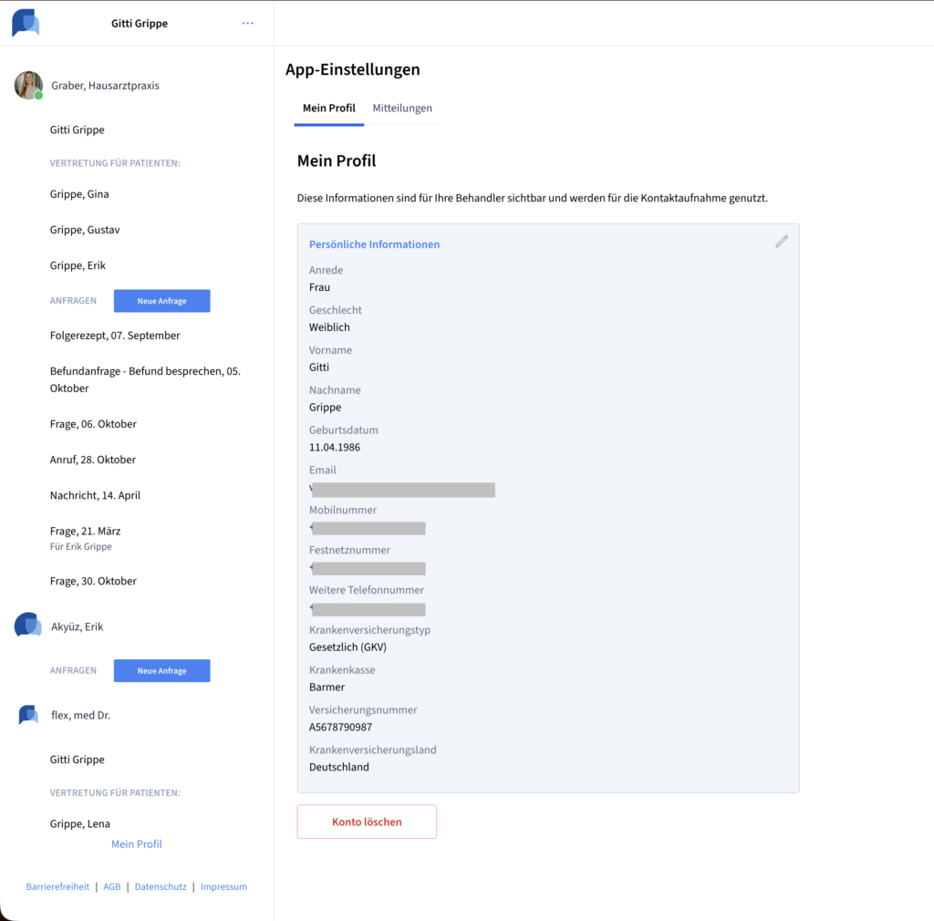 Mein Profil – Patienten-Account in der Browser Ansicht